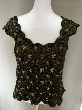Frank Usher Sequined Olive  Green Scallop-Edge Evening Top